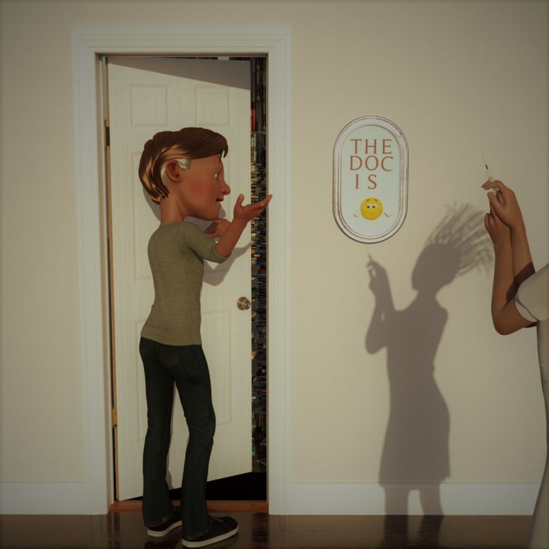 The Doc Is?
A friend standing in the hall calls out, "Doc are you OK?"
A voice from behind him ask "what has happened here?"
Doc said he had a book on ancient Roman games and wanted to bring it to the party. He entered the room there was a loud thud and he has not answered my call.
The voice replied in a low muted tone, must of had a book tower fall on him again.
WELL! Get in there man and see if he is alright. 
At that time the man saw the shadow on the wall. 'I'm, ummm, sure he is fine. I'll check back later. 
GET IN THERE NOW, shouted the shadow figure.
Yes mam replied the man in a weak teary eyed moment as he entered the room. The shadow followed him in and slowly, softly closed and locked the door.


