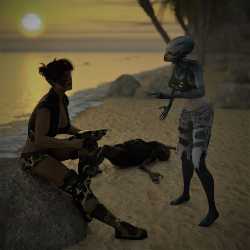 Zombie and Alien
No I didn't shoot your boyfriend. He was at the waters edge saw his reflection and fainted. I drug him up here so he wouldn't get wet
