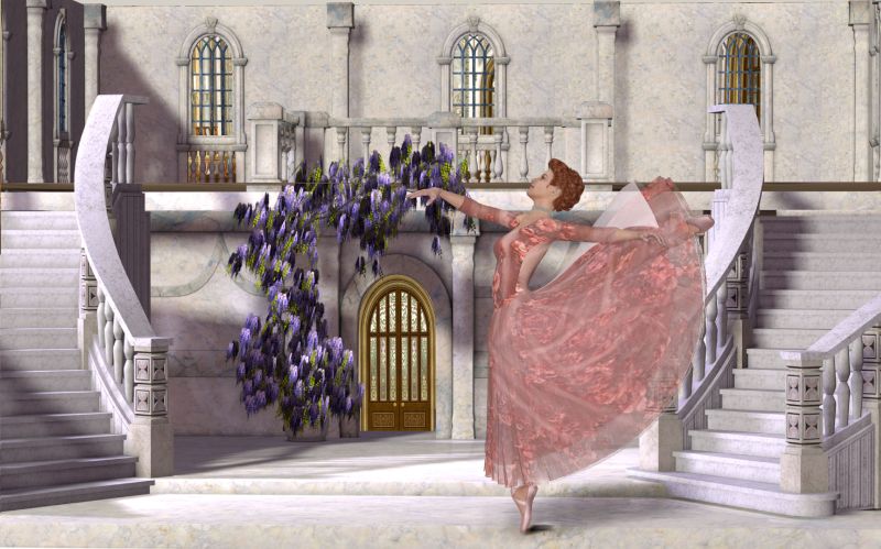some enchanted balletcony
messing with textures on the Daz romantic ballet dress... it feels very stage set time to me. perhaps sleeping beauty aka briar rose... 
Keywords: ballet 