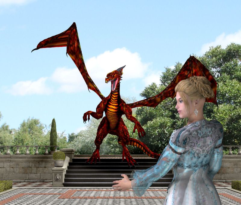 you forgot to plant milady's hydrangeas!
a bossy draconic head gardener berates some herbert [out of shot] whilst milady, clad in a dress by Worth from 1905 [morphing fantasy dress] looks on in approval.
Keywords: dragon, humour