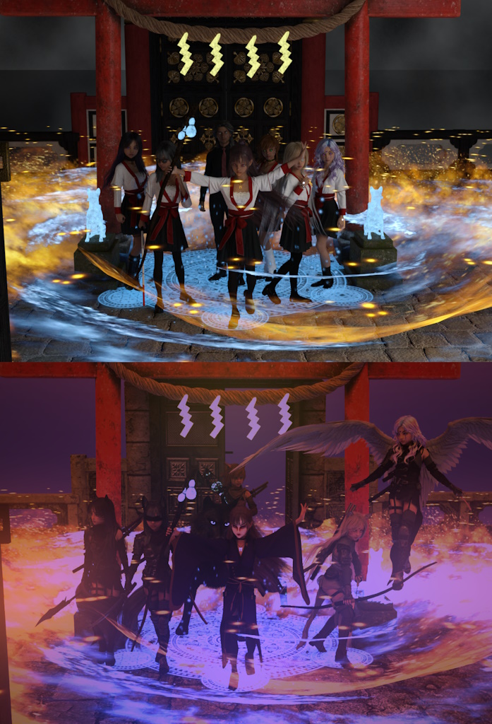 Rescue 
Ok this is try one. Debated the bottom half for the monthly contest. Still not happy with the environment set up. Probably going to redo that even if I liked the overall results. 

Sensei and his students off to rescue the youngins. Kazane, the curious little foundling fox that she is, figured out how to open the portal that the ancient temple was guarding . Misaki may be the only human but she is far from weak. 
