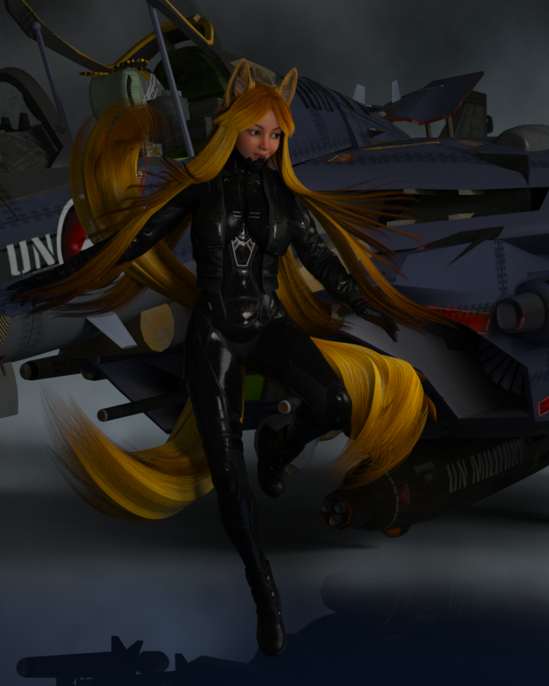 Heads or Tails
Did a more of a Battletech pilot bikini initially but liked this better.

Now which would you rather have...
A head full of hissing snakes or
Cute ears and tails of golden fluff?

Was going to use my original textures for the Wildcat but seems the files have gone missing.

