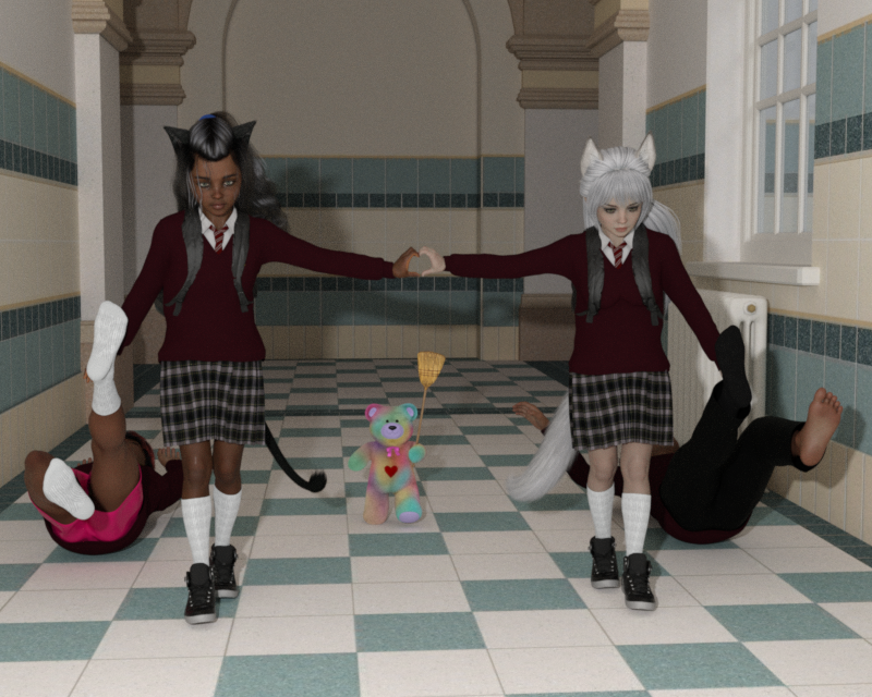 Taking out the Trash
Here we have our two little BFFs Kazane and Hikage on cleaning duty after class.  Kazane animated her teddy bear with the broom to free her hands. Play on the old trope of girls getting hit on by older guys in this case upper school. Suspect Kasumi will have plenty to "say" about that too them. Of course getting dragged through the halls in your undies should be bad enough

