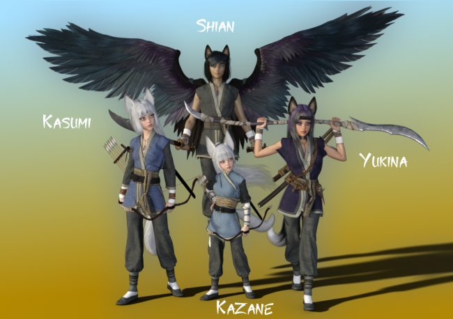 Kitsune and Gryph
Ok whole family persay group. Added Yuki in and one that named our little fox child with  her lost memories.  Actually just picked the name at random and ended up depending on characters used can be read Kasumi's child lol. 
