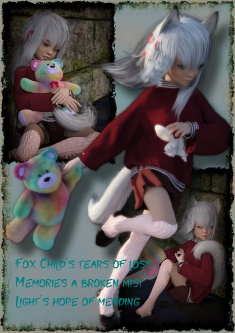 Child of the Mist 1
When I chose the name for this little fox kit.. I didn't know how well I had picked it. Not telling yet lol.  Still playing with more dynamic layouts.  

Descriptive: 

Waking in an alley , nothing but a teddy bear for company. Questions unanswered til something hints , rushing off in hopes of finding . 
