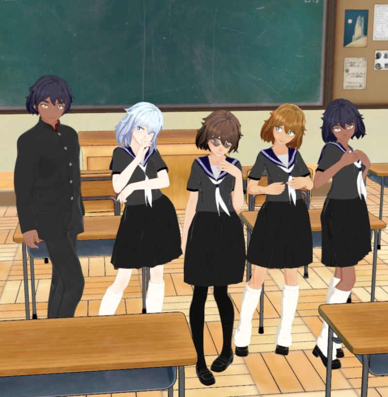 Middle School kids part 1
Left to right... Arashi, Kazane, Kali, Mika and Shigure.  Been a pain the puss figuring out the shaders and skins. 
