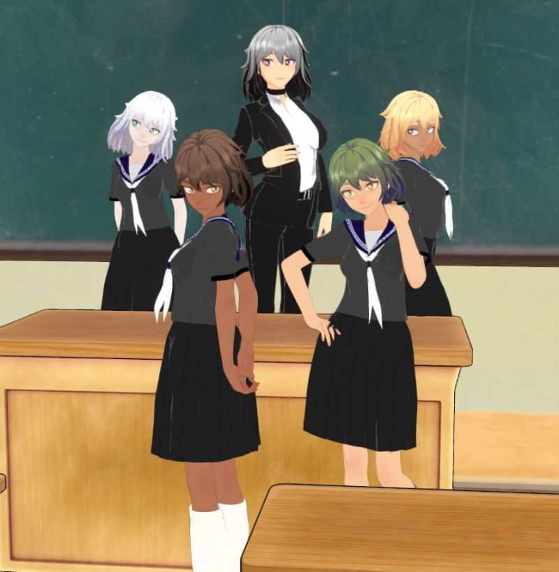 Middle School kids and Their Homeroom teacher. 
Okay Tabby's big sister Samantha is their homeroom teacher.  Left to right of the girls.... Fuuka, Akiyo, Miharu and Natsuki. 

