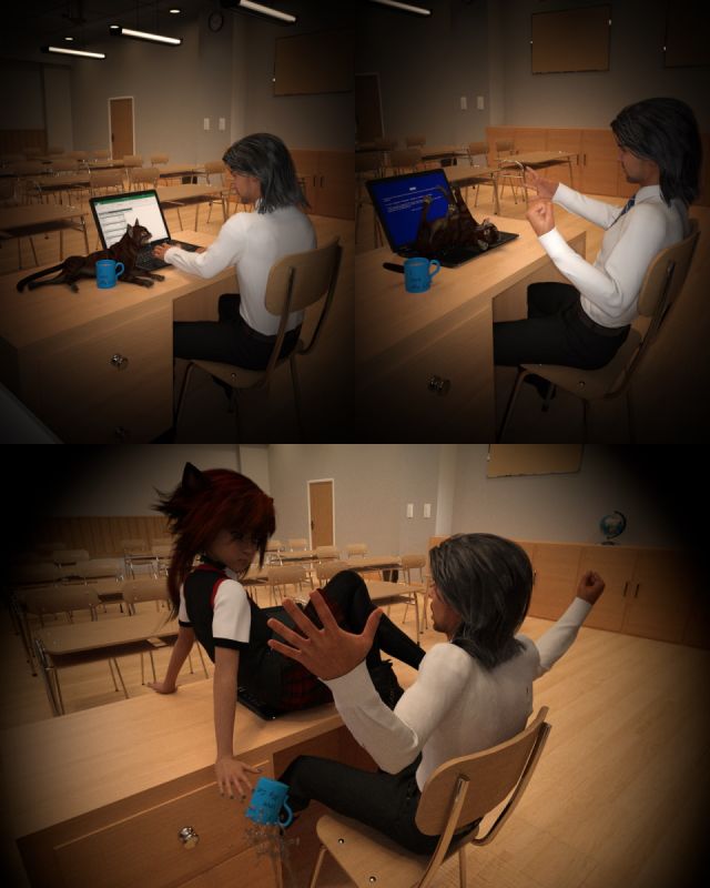 Sick of School
Inspired by a conversation with Dreamer and an incident with my keyboard. Tabby in serious cat mode.
She is ready to go home and Sensei is still working....like I said serious cat mode lol.  Also a bit of a birthday render as well.
