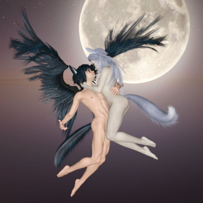 The Black Gryphon and the Silver Fox
I had been wanting to play with that pose set for awhile now.  Plus  as weird as it sounds abit of an old style look. Really why the nude.  I stopped creating full anthros a few years ago and moved towards the kemonomimi look . Biggest pain has been getting an avian.  Still need to do a proper skin texture for it and will do male and female.  
Keywords: fox girl kitsune anime manga gryphon 