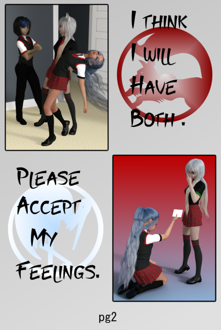 Unexpected Results pg2
Kind of backfired on her... didn't it.    
Used the L5R mons for now.  
 
Of course the Crane wants the Fox to stay male and she isn't going have any of that lol.  Was  experimenting with format so kind of messed up first one with out its note saying read manga style not normal english
