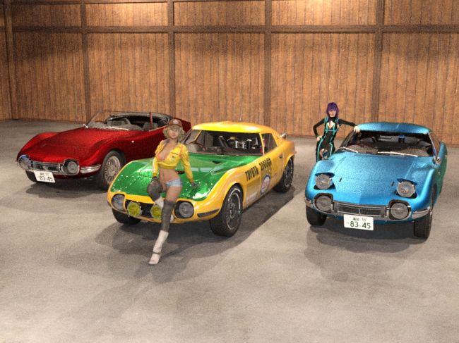 2000GT's and Makoto and Kururu Take 2
Tried Rad's suggestion, I think it worked, maybe change the iterations?  Added another lady for demo purposes, she was fine with posing.  8 )
