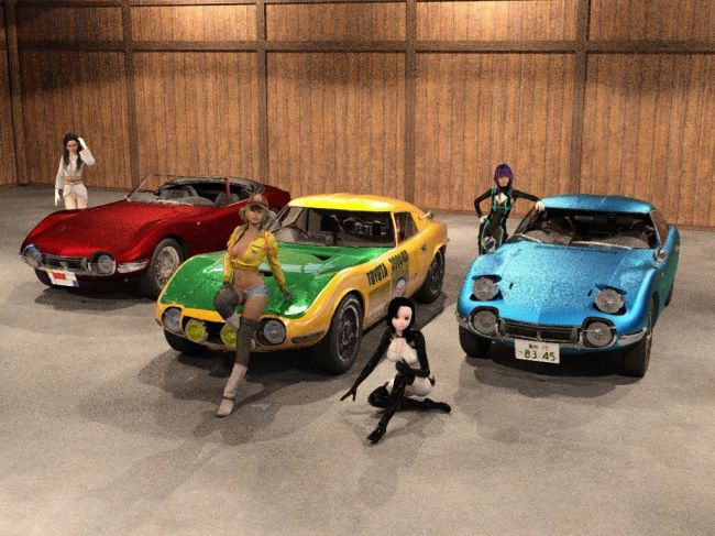 2000GT's and Makoto and Kururu and Deco and Nanana Take 4
Using Rad's and Shibashake's advice, this is  a result. Couldn't find tiling, so reduced the flake size and strength.  Kaos the cars, Looks like the burgandy flake improved, but the aqua? *shrug*

Cheers, enjoy
