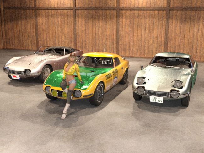 2000GT's and Makoto
The Toyota's are by Kaos at Pixiv. tis a 4 part DL.
I'm not sure what happened, the only lights in the scene are the emissives overhead,The paint usually comes out bettre  8 \

Enjoy CHeers
