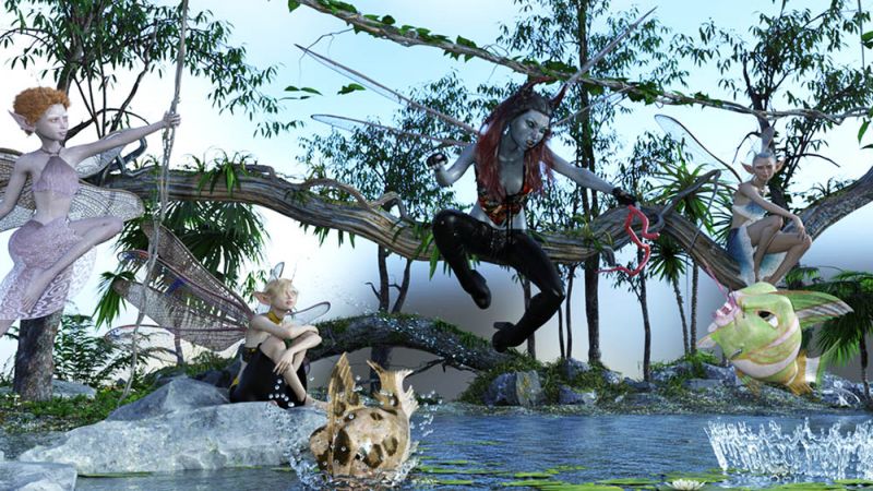 ~Oh That Ophelia ~
Ophelia was a rascally, roguish little pixie. Always up to some devilish antics.  Sometimes called little Mizz-behaving by the others in her community.  Some would roll with laughter, while others boohooed disapprovingly, and still others sat waiting for one of her pranks to catch up with her.  On this day she decided to hover over the pond teasing the Lancer fish with a worm.
Uhoh! watch out Ophelia, cause there are even deadlier fish in the pond that jump a lot higher.
Keywords: Fairy Ophelia