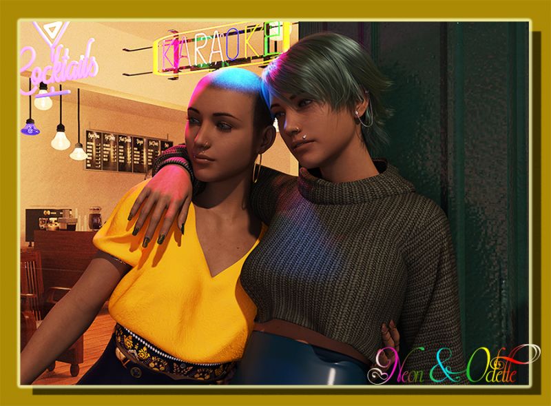 Neon and Odette
	Besties since forever, Kahli and Odette are out for a night on the town with friends. While standing in front of their favorite gathering place taking photos and selffies, one of their friends can’t help but notice the way the neon lights reflect on Kahli’s head.  It was then that Kahli become affectionately known as Neon to all her close friends and family.
Keywords: Cancer Neon