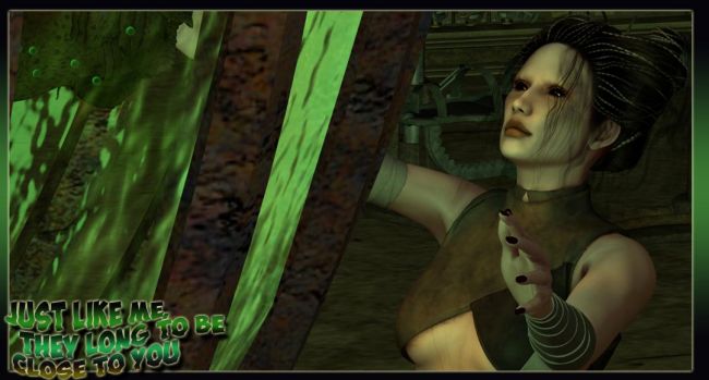 Just Like Me, They Long to be Close to you 
Moving closer to the fluid filled bubble containing the Gillman, eyes wide with of curiosity. Betta stands examining its bizarre occupant as if admiring a beautiful work of art at a museum. Like a child standing in front of the plate glass window of a toy store, she presses her face to the glass bubble peering deeply into its murky green waters to get a better look at the Gillman.
In what can only be called an ironic twist on romanticism that would almost be humorous if not for horridness of the scene. The evil doctor Vulnavia presses a button on her console and starts gracefully waving her arms, swaying too and fro in a very provocatively macabre dance, as the lab fills with the sound of The Carpenters singing;
Why do birds suddenly appear
every time you are near ?
Just like me,
they long to be close to you.
Her gruesome gyrations become even more provocative in nature as she smiles whispering,
"Yessss my little Betta soon, soon you will be with him, join with him; soon, very soon dear". See Less
Keywords: Bride 