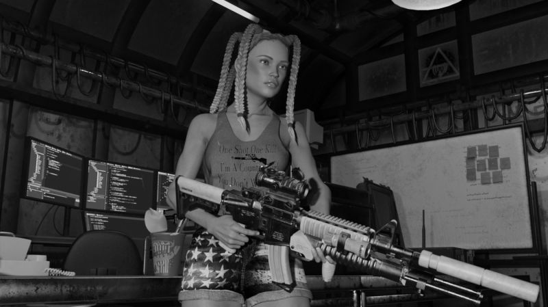 Country Girl 
Trying a little character development here.    Always wanted to do a B&W render, also my first try at creating my own decal, which is the writing on her t-shirt
Keywords: Girl Gun