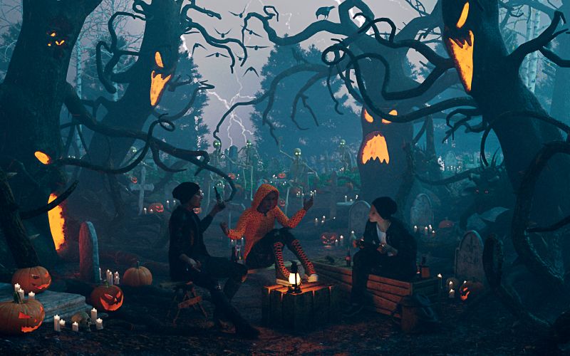 A Dark and Stormy Night
It was a dark and stormy night, the graveyard was beautiful, the tombs had been decorated and lit with pumpkins and candles, in honour of the departed ones.  Their rites performed the families returned to their warm, cosy firesides, taking great care to lock their doors and windows - for tonight was All Hallows Eve.

The friends however had gathered in their usual spot, their own place, where they could enjoy some free time and space away from the elders, a little warily at first because they had heard all the tales - and tonight was All Hallows Eve.

Beyond their small circle of light and laughter things began to stir, skeletal hands pushed their way through the ground, a crow landed on a high tree branch, the ancient trees began to wake - for tonight was All Hallows Eve.

Drawn by the brightness of their souls and the quickening of their blood, the friends became surrounded by the denizens of the graveyard, for on this one night of the year, the dead walk, and all manner of creatures stalk the earth - and this night is All Hallows Eve.

Blissfully unaware of the company approaching one started to relate a story �It was a dark and stormy night��.


