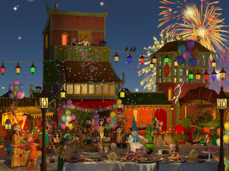 There is laughing, singing and music swinging - Dancing in the street
We have music featuring the 'Top Toon Bluegrass Band'; we have tables laden with food and cake and even more cake; we have beer for those who want it and lemonade for those who don't; Doctor Pitterbill has set up his marvelous magic stall; we have fireworks lighting up the skies and strings of lamps lighting up the square; we have balloons and lots and lots of bubbles...We have a party! Very Happy Anniversary 'Fantasy Attic'
Keywords: Toon Party