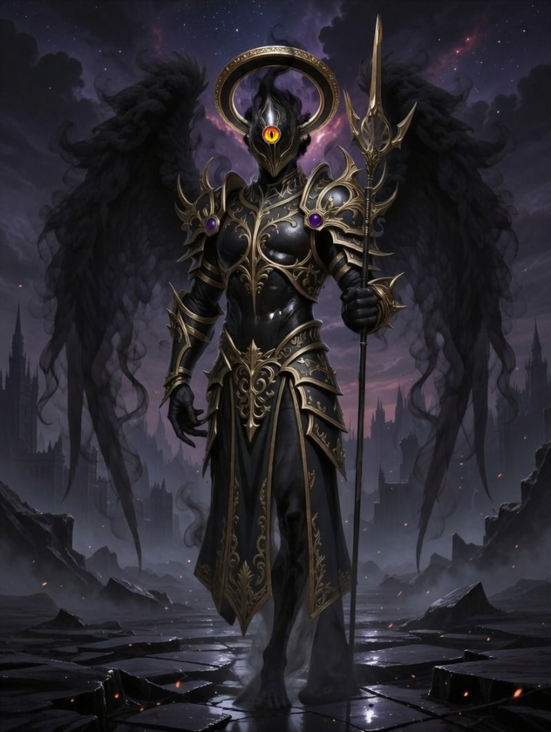 Angel of Eternal Night
In the Otherlands campaign there is a Deity named The Shadow King who is essentially darkness incarnate. Not evil mind you, no more so than night itself is evil just dark. This is one of the servants of the heart of darkness, a creature as old as time itself. 
Keywords: Angel of darkness