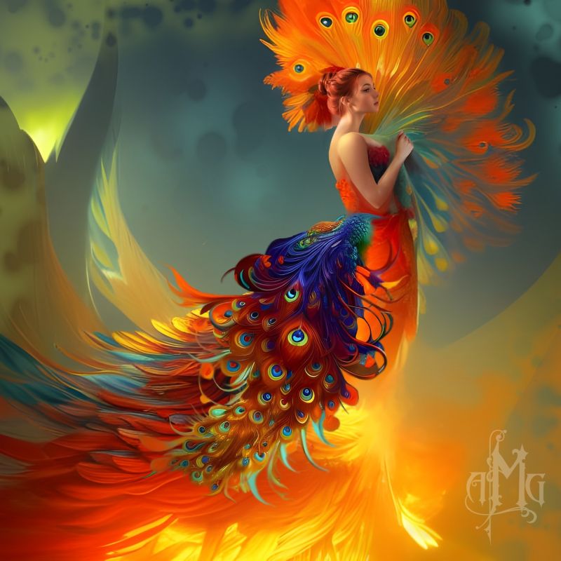 the lady is a Phoenix
This all started with me deciding to do a peacock as a phoenix. (Which I finished as a separate piece) When I started doing the body of the bird I realized that it kind of looked like a woman's body so I played with it to create this. I hope you all enjoy it.
Keywords: phoenix peacock