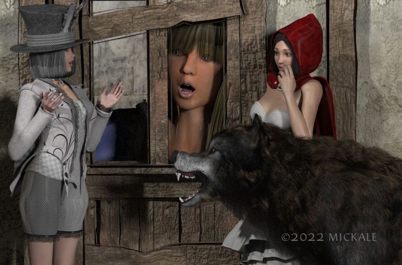 Rabbit and Alice and Red and Wolf
"Alice! After all your trips here you've still not learned to not drink things laying around in my house?!"
"I'm sorry.. it just always looks so tasty."
"Oh my! the poor dear.. perhaps some cake will help! Anybody have some cake to help this poor child shrink back to normal?!"
"Oh, to hell with your crocodile sympathy, Red! How 'bout I just eat her like we did for your granny's insurance money.."
