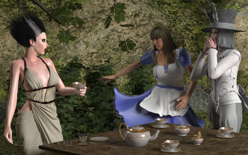 The Bride, Invisible Man meet Alice
"Dr. Griffin! Mind yourself! We are about to commence an afternoon Tea, not a peep show!
"Oh dear Alice, please forgive my invisible and vulgar Yank friend. He seems to have taken leave of his manners..."

I've had fun with this contest.. thanks for looking, enjoy..
Keywords: Alice invisible night witvh