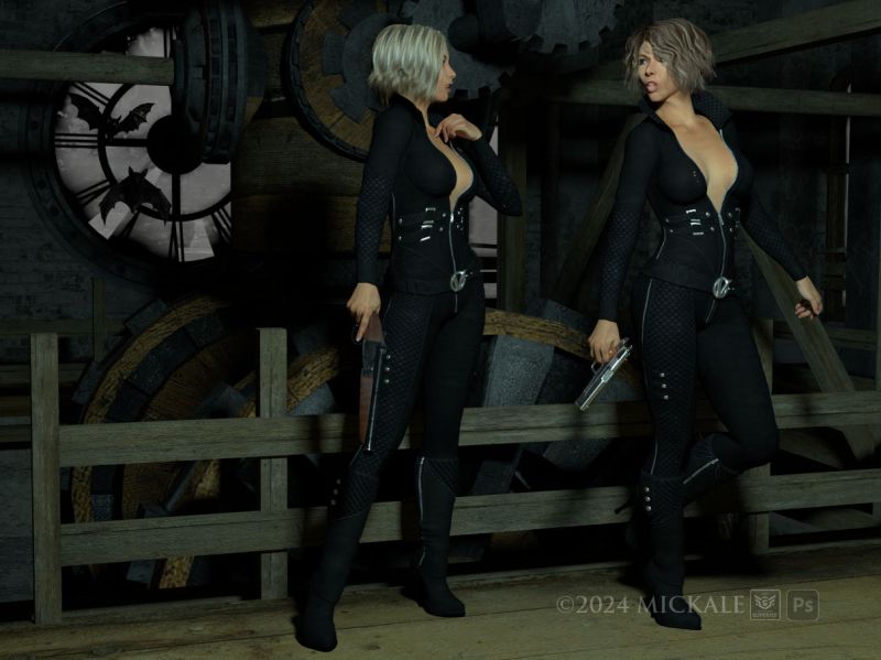 Fugitives Kassie and Jessie
"The fugitive thieves Kassie and Jessie stashed their stolen booty in a bat-infested clock tower. One was a bit worried about it, though... 'No Kassie, the bats will not fly into your hair.' "

thanks for looking, enjoy.
