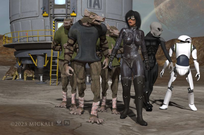 Negotiation Delegation
"The Proxima Coalition Delegation have reached the planet Rodithium-Xinez to negotiate for the mining rights of its mineral namesake. Rodithium-Xinez is vital for interstellar travel. The Rodentonids are known to be be shrewd and untrustworthy negotiators. And greedy. Rodithium-Xinez is also food to their main diet staple, the timid 'soilivores.' Mission Director Dr. Myshel is confident the negotiations will be successful. But Asst. Director Dr. Skulintore and The Droid are somewhat skeptical. And worried."
