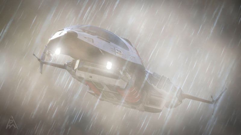 Bad Weather
Undeterred, Captain Marlowe steered the Starlight Voyager through the turbulent atmosphere, battling against the gale-force winds and lashing rain. Lightning crackled ominously around them, illuminating the rugged terrain below. But still, they pressed on, their determination unyielding.

A Daz Studio Iray render.
Keywords: spaceship rain storm