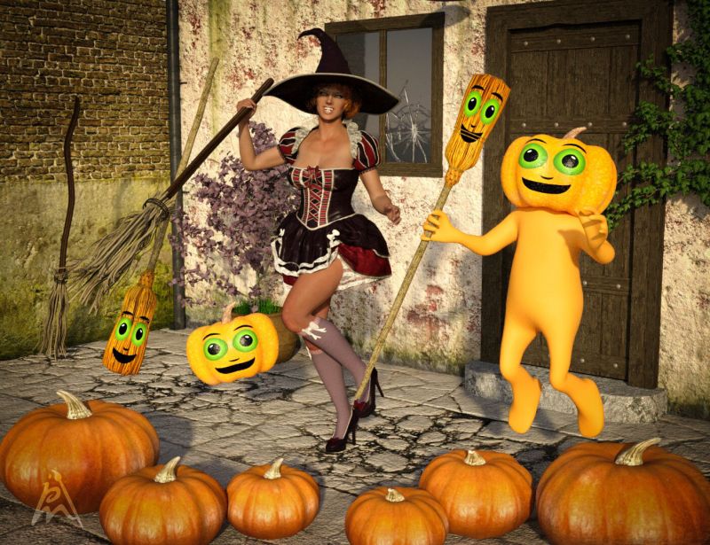 Dancing
One of the highlights for the brooms and the pumpkins at Halloween is in the dance party of the witch Asmaralda at her house in the forest. Every year they look forward to this event. Several witches need to walk, then their brooms are at the dance party.

Used:
Moon Broom by NGartplay (Freebie) (Daz3D)
Lorraine for Genesis 2 Female(s) by Digital Touch (Daz3D)
Storybook Outfit for Genesis 2 Female(s) by Barbara Brundon and Sarsa (Daz3D)
Two Phased Bob for Genesis 2 & Genesis 3 Female(s) by Goldtassel (Daz3D)
Stickman by Meshitup (Daz3D)
Old House by JeffersonAF (Daz3D)
Pumpkin by PeTeGe (Freebie) (FA, forum)
Keywords: halloween pumpkin broom witch dancing