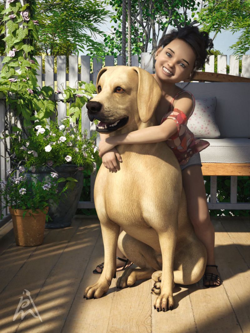 Claire and her Dog
It is Sunday. A sunny day.

Item used:
Claire Kid for Genesis 8 Female by Exart3D (RenderHub)
Labrador for Dog Nubis by Vyusur (RenderHub)
Poppy Hair for Genesis 3 & 8 Females by AprilYSH (Daz3D)
dForce Audacious Outfit for Genesis 8 Female(s) by Lyrra Madril, Moonscape Graphics (Daz3D)
Le Romantique Porch Vignette (Daz3D)
Pose Labrador by Vyusur
Pose girl by me
Keywords: Girl dog labrador sunny