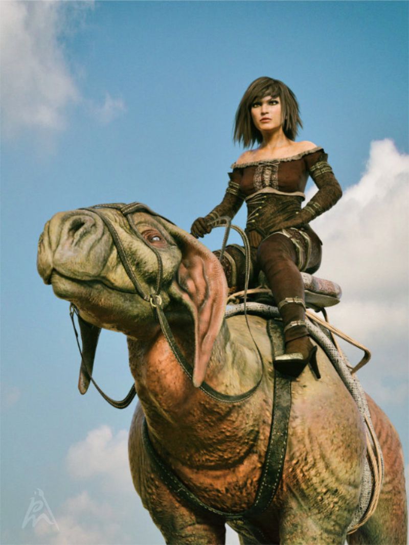 High Up
Zenza is riding on her camezard through the desert.

A Daz Studio render.
Keywords: desert female