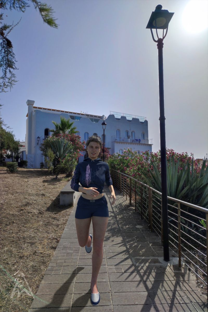 Jogging 1
For this Iray render I use freebie photo of Nemesis. Thank you for sharing Nemesis.

When I saw this photo I want to put a G8F in but there is really much perspective in. To figure out the focal length that I need for the camera in Daz Studio, I a cube and lowered the focal length of the camera until the top and bottom edge match with the photo. The next step was to get the lighting fit, I used the build in lighting controled by a camera. The color of the light was already fitting.

Keywords: jogging female