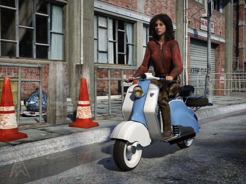 Omni on her Lambretta
Omni on her reconditioned Lambretta from 1957.

Many thanks to Vyusur and 3DClassics.

Omni comes with hair, clothing and poses. She is also easy to pose.

Items used:
Omni Original Figure for DAZ Studio by Vyusur (RenderHub)
LAMBRETTA 1957 by 3DClassics (Renderosity) (Christmas freebie of today)
The Backstreets by Stonemason (Daz3D)
Pose by PeTeGe
Keywords: scooter driving trafic