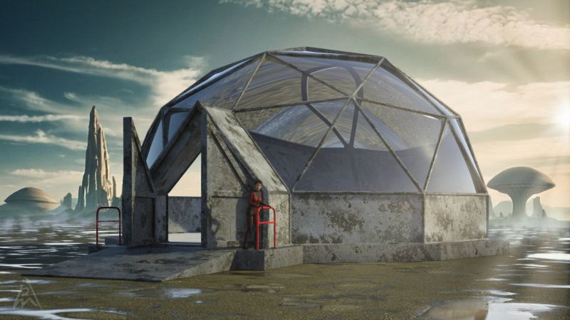 Puddlewatch Station
In a desolate corner of a distant planet, where the skies weep ceaselessly and the land lies flat and sodden, stands Puddlewatch Station—a solitary outpost amidst a sea of perpetual rain. Here, amidst the bleak expanse of wet flat ground and scattered puddles, Susanne, an intrepid scientist, finds herself immersed in the stark beauty and relentless mystery of her surroundings.
 
Today I modeled this building in Blender and rigged it to open the doors in Daz Studio. The ground is a flat plane with a texture image that I also used as a bump map.

A Daz Studio Iray render.

Keywords: Sci-Fi outpost puddles