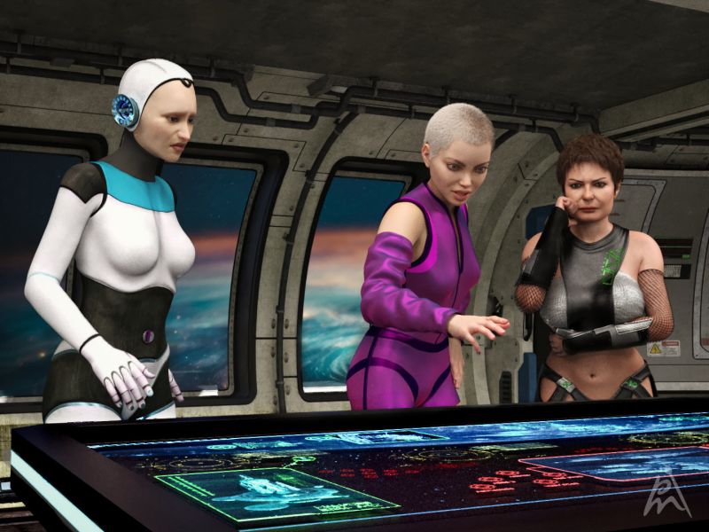 Radiance of Hope
"We're running out of time," Iva began, her voice steady despite the gravity of the situation. "We’ve lost engine power and the auxiliary systems are failing. If we don't act now, we'll drift into the asteroid belt."

Zeena nodded, her weathered face etched with concern. "What do you propose, Iva? There must be a way out."

Iva stopped pacing and faced them, taking a deep breath. "There's only one option left," she said. "We need to manually reboot the ship’s core. It’s a risky maneuver that involves venturing outside to reset the external control panels."

Zeena’s eyes widened. "That's suicide. The radiation levels out there are off the charts. You wouldn’t survive more than a few minutes."

Iva nodded, her expression grim. "I know. But it's the only chance we have. If I can get out there and reset the panels, we can regain control of the ship and steer clear of the asteroid belt."

Celia, the Gynoid, tilted her head slightly, her synthetic voice calm and measured. "I am equipped to withstand the radiation. It would be logical for me to undertake this task instead."

Iva shook her head. "Your systems are crucial for operating the ship once we're back on course. If anything goes wrong out there, we’ll lose our best chance of survival. Besides, the control panels require manual dexterity and a level of improvisation that only a human can provide in this situation."

Zeena looked at Iva with a mix of admiration and fear. "Iva, you’re incredibly brave, but there has to be another way. There must be something we’re overlooking."

Items used:
Iva Original Character (with clothing and hair) by Vyusur (RenderHub)
Zeena for Genesis 8.1 Female by Vyusur (RenderHub)
Teena Hair for Genesis 8 and 8.1 Female by Vyusur (RenderHub)
Gynoid for Genesis 8 and 8.1 Female by Vyusur (RenderHub)
Stellar for G8F and G8.1F by Vyusur (head morph of Gynoid)
Tilda for 8.1 Female by Vyusur (Skin of Gynoid) (RenderHub)
Sci-Fi Table 3D Model by FIRA (freebie at RenderHub)
Ship Elements: Sector D3 by 3DC (Renderosity)
Holographic Battle Charts by coflek-gnorg (Renderosity)
Own poses
Keywords: scifi holotable