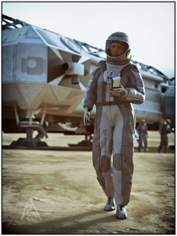 Discover
She is looking around.

Eagle One 3D model: Eagle One OBJ format By Greywolf-Starkiller (DeviantArt)
Poses by PeTeGe
Keywords: female spaceship