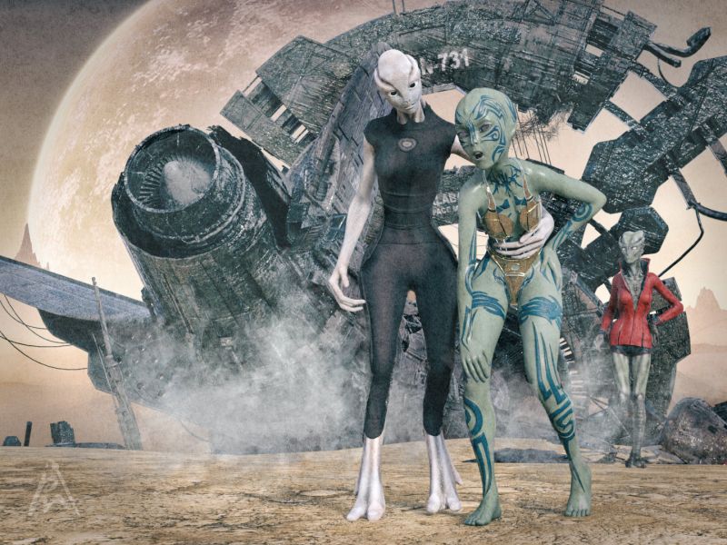 Disaster
The spaceship Astral is on the way to Cronoe, a planet in the galaxy Gamma Aegimius, when it crashed on the planet Dapus F110. Dafphira is injured and Dumba is helping her. Also Marpha is injured, she has problems with her back.

Daz Studio Iray render.
Keywords: crash starship
