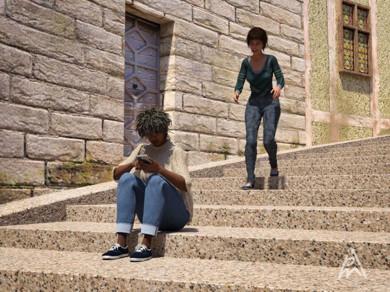 The Stairs Street (1)
What's happening in the Stairs Street, let's take a look. Today Zhamira is waiting for her friend Lisa and she has no idea that she is just behind her and she wants to surprise her.

The StairsStreet is a very great and big street model. 

Prizes:
StairsStreet by Aelin
Azaka Hair by Prea
HS Zhamira by Hallowed_Sylph

Other Items:
Nuada Hair by Prea
dForce Relaxed V Neck G8G8.1F by Sveva
Recreational by LilFlame and Sveva
JASA Meghan for Genesis 8 and 8.1 Female by Jadyn and Sabby
dForce Angie Cuffed Jeans Outfit for Genesis 9 by WildDesigns
Marble tileable texture images by Textures.com
Poses by me

Daz Studio Iray render.
Keywords: StairsStreet