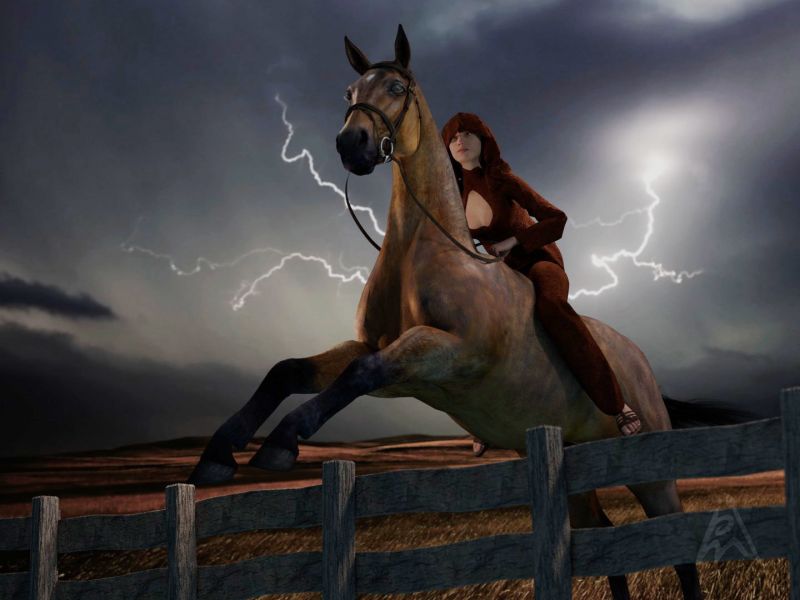 Through the Night
An old one that I created in 2015 with Blender and rendered with Cycles. I modeled the fence and posed the character and the horse in Blender.
Keywords: female horse lightning night