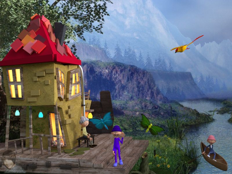 COOLA-TOOLA
Items used:

Background/terrain:

Millennium Environment - Painted Valley (Daz3D)

Characters:

Toon Generation with clothing and accessories by 3DUniverse (Daz3D)

Props:

The Toonhouse by MysticArtDesign (ShareCG)
Fantasy Stump Prop Set for Daz Studio 4.6 by fictionalromance (ShareCG)
Bird by Papasmrfe (ShareCG)
Butterfly for dazstudio iray by kalhh (ShareCG)
Black Eye Susan flower by Lisa's Botanicals (HiveWire)
Toy elephant (Archive3D)
Canoe with oar by PeTeGe

Software:

Daz Studio 4.12 pro
Keywords: 3D Cartoon Scene Landscape