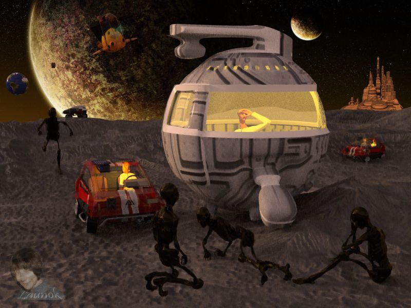 Dark Infasion
95% props are from Sketchfab.

TERRAIN:

Moon Petavius Crater by SebastianSosnowski

PROPS:

Alien Explorer by Warkarma (earth planet included)
Bubble Space Ship by VertaScan
Ashtar Colonial City by Herminio Nieves (ShareCG)

VEHICLES:

Cyberpunk 2077 Fanart Makigai Maimai P126 by EddyNL (red cars)
Zitrophon SN 16 by Friendly Ninja 27 (car in far background)

CHARACTERS & POSES/SHAPES:

Genesis 1 (original)
Poses by DangerGuy01 for G2F (pose pack 02) (Deviantart) (fit to Genesis on the metallic zombie figures)
Zombies by Ghastly for M4 (Renderosity) (fit to Genesis)
Genesis shapes by HellFishStudios

Background by Didi MC from set Variant Star Zeta (VSZ005)

Daz Studio render

Keywords: 3D, scene, sci-fi, space