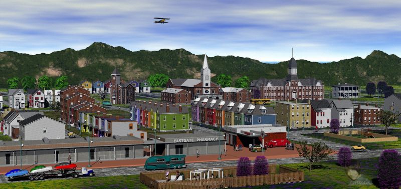 Eastgate - Summer
Bryce 7.1 render.

All the objects are from SketchUp Warehouse, except characters.  Buildings by W. LeMay
Keywords: 3D, scene