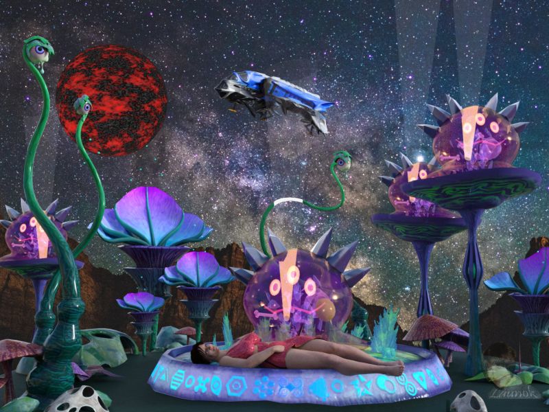 Exploring the Distant Galaxy  --   5th Place Contest winner
ITEMS USED:

TERRAIN:

Alien World Explorer by Sharon Kunne (Sketchfab)

PROPS:

Astral Slime by Nicolas Laube (Sketchfab)
Spaceship by Herminio
Red planet by Petege

CHARACTER:

Denise G8F with laying pose by Petege

BACKGROUND:

Unsplash

Daz Studio Iray Render

Keywords: 3d, scene, space, fantasy