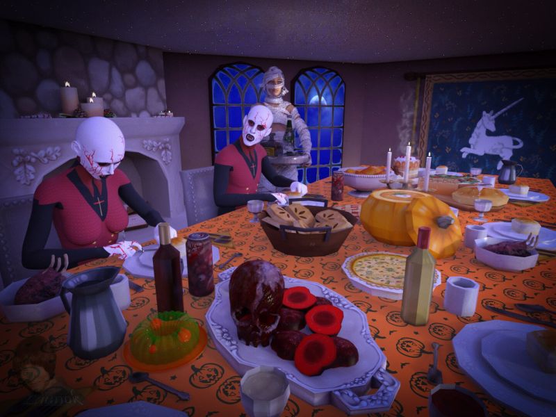Feast for the Vampires
Time for the Vampires to have a feast to celebrate Halloween 2023.

Items used:

Room:  Winter Feast by Nicole "CmdrSpaceCat" Rusk (Sketchfab) - Includes most food and utensils

Props:

Free Asset: Meaty Skull by PhantomSloth (Sketchfab)
Meat and Bone by Jordan Moylan (Sketchfab)
Eyeball Jelly Salad by Duznot (Sketchfab)
Meat Can - Sketchfab Can Texturing Challenge by iggy-design (Sketchfab)
CasinoGal Serving Tray by -renapd- (Renderosity)
Natural Smoke by Keihan (Fantasies Attic)

Characters:

BandageMania V4 by Marco (ShareCG) - Mummy with pose fitted to G8F
Vampires by chacornac (Renderosity) - 2 Characters Presets - DSA - for Genesis
Eating poses and tray carrying pose by Petege

Background with moon from Pixabay

Daz Studio Iray Render

Keywords: 3D scene halloween