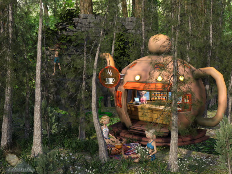 Have a Break ... Have a Coffee!
Coffee Break in the Enchanted Forest

In a lively enchanted forest filled with towering trees and vibrant colors, the Webboids gather for their much-anticipated coffee break. The scene is buzzing with energy as they take a moment to relax and enjoy their surroundings.

The center of their gathering is a whimsical teapot-shaped café, nestled comfortably amidst the trees. Soft rays of sunlight filter through the leaves, casting a warm glow over the wooden structure, making it look even more inviting. The aroma of freshly brewed coffee wafts through the air, mingling with the earthy scent of the forest.

A few Webboids sit on a picnic rug, giggling and sharing stories as they sip their aromatic coffee, while another Webboid, filled with curiosity, climbs a nearby wall, peering down to share the view and perhaps spot a magical creature or two. Their adventurous spirit adds an element of excitement to the serene setting.  However unaware of another sneaky guest approaching. Oops!  Hopefully the Webboid on the wall will notice it.

As they sip their drinks, the Webboids exchange tales of their adventures, with the forest serving as a picturesque backdrop.

This enchanted coffee break not only serves as a moment of respite but also fulfills the Webboids' friendships, reminding them of the magic that exists not just in their adventures, but in quiet, shared moments like these.

ITEMS USED:

TeaPot Shop by ferofluid (Sketchfab)
Snake by Anette Rana (Sketchfab)
Webboids by Walt Sterdan
Clothing and Hair:
	- Floral shirt by PeTeGe
	- Short pants part of Webboids
	- Swimsuit part of Webboids
	- Base wear by Daz3D
	- Hair by Daz3D
Lowpoly Pine Forest Asset by Jagobo (Sketchfab) (now removed by creator)
Woodland Realm Playset (Daz3D)
Wall by Naira (Sketchfab)
Autumn coffee by Elen (Sketchfab) - picnic rug
Poses by myself

Daz Studio render


