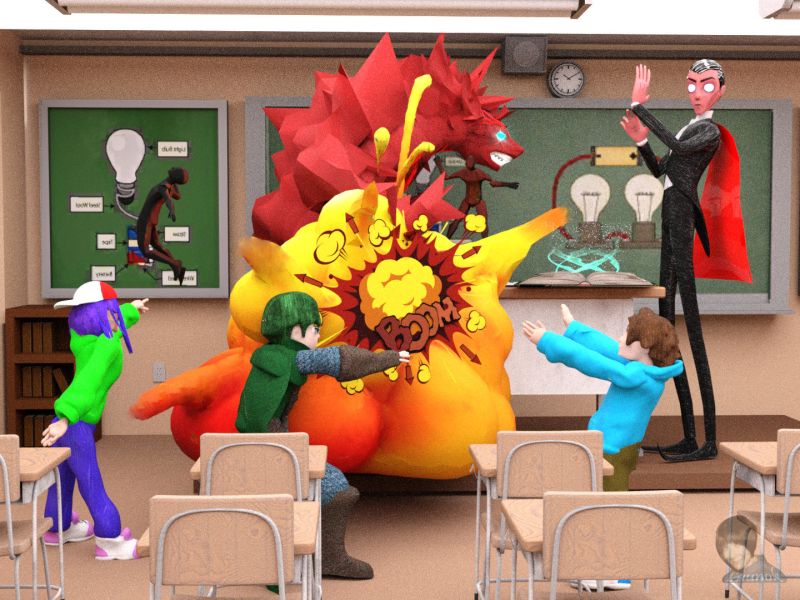 Havoc in Class
Magicians are not all quite trustable and can cause havoc in a situation as picturized here!

Items used:

Classroom environment:  Anime Classroom by ArielCastilleroV (Sketchfab)

Props:

Dramatic: 3december day18 by martinMCGREGOR (Sketchfab)
Comic Book "Boom" Effect by Owen_Barden (Sketchfab) - 2D image in front of explosion
Burning Werewolf Eve by ChamberSu1996 (Sketchfab)
(Magic Book) by horse_water (Sketchfab) - Japanese letters in front of title which can't be copied here (search horse_water)

Characters:

The Magician by MrEsper (Sketchfab)
Cartoon style boys:  4 Heroes_Scene by zackwise (Sketchfab)

Daz Studio Iray Render

Keywords: 3D, scene, class, magic
