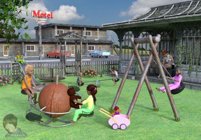 Kinderland
Playtime at "Kinderland" play centre.


Items used: 

Characters:

Children:  Genesis 8 - Growing Up (Daz3D)
Female sitting:  Genesis 1 (Daz3D)

Clothing:

Genesis Shirt & Dungarees (Wilmap)
Sneaking Out Clothes for G2F (Daz3D)
Foxy Stripe Shirt G2F (Daz3D)
Ghawazee Shirt (Daz3D)
Genesis 8 Base clothing (Daz3D)
Casual Halter & Shorts (Daz3D) 
Shoes -  Casual Wear Surf (Daz3D)

Hair:

Josie Tails Hair for G2 (Daz3D)
Filippa Hair (Daz3D)
Sally Mae Hair (Daz3D)
PH Classic Hair (Daz3D)
Toulouse Hair (Daz3D)
Lady Florence Hair (Daz3D)
Radiant Jaguar HHair (Daz3D)

Terrain props:

Motel (Daz3D)
Neglected Shelter (Daz3D)
Cars - web_wizard (Renderosity)
Toys - Tessier Jacky (ShareCG) / Dolly (Archive3D)
Playground equipment - TrekkieGrrrl (Renderosity)
Grass pieces - RDNA Grasslands (Daz3D)
Flowers - Faerie Forest (Daz3D)
Grass Shader of Contemporary Buildings Hyper Kit (Daz3D)
If You Build It - Picket Fence (Daz3D)

Other:

Poses - Children -  PeTeGe (seesaw sit / swing sit & including swinging pose itself)
Pose - Genesis 1 sitting - Base
Tree - png (postwork)
Background - Fields (Pixabay) (postwork)
Postwork, composition and lighting done in Affinity with the help of PeTeGe

Program used:  A Daz Studio 4.12 render
                    
Keywords: 3D, scene