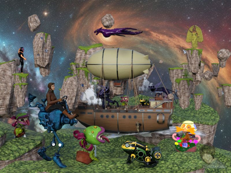 Orbital Odessey
A journey to infinity and beyond

ITEMS USED:

Terrain:

Interdimensional Floating Islands by Artbake Graphics (Sketchfab) - includes Zeppelin

Props:

Carnivorous plant by Synergo (Sketchfab)
CatNap v16 rigged by Unschooling with Fin (Sketchfab)
Doctor Eggman's Treehouse by WizOfFab (Sketchfab)
Frog (HW Detailing) by TAIDJU (Sketchfab)
Moon Harvest Leviathan by ChristopherHedley (Sketchfab) - flying monster

Characters:

Angel Statue by Mr A McBride (Sketchfab)
Orbital Disruption by Chaitanya Krishnan (Sketchfab) - only astronaut used
Krunk by Anniemation (Renderosity) - with G8F sitting pose by Petege

Background generated at Leonardo.ai

Daz Studio Iray Render

Keywords: 3d, scene, sci-fi